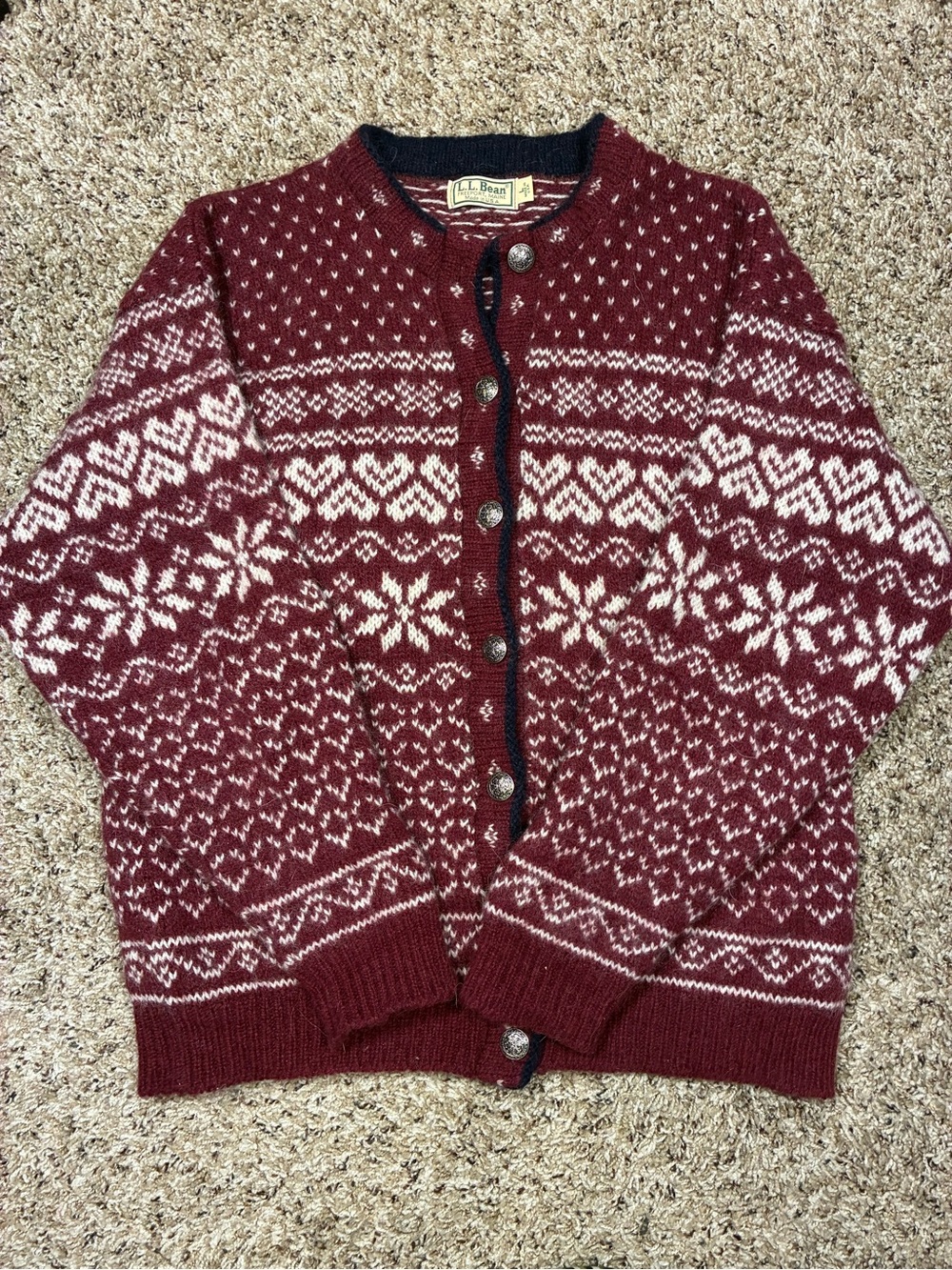 L.L Bean VTG Wool Fairisle Ski Metal Button Cardigan Sweater Made USA